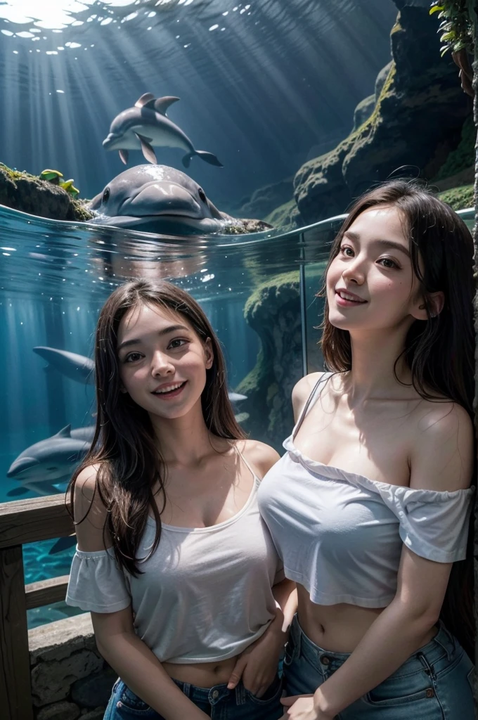 A imagem mostra um jovem casal,Take a photo inside the giant aquarium tunnel。Homem vestindo camiseta branca simples,The woman is wearing a white off-shoulder blouse and jeans,Os dois sorriram,mulher encostada no homem,appear intimate and happy。Behind them is a blue ocean world,including a giant dolphin swimming gracefully above the tunnel,There are several other sea creatures swimming in the blue waters。The whole scene is full of wonderful and romantic atmosphere。