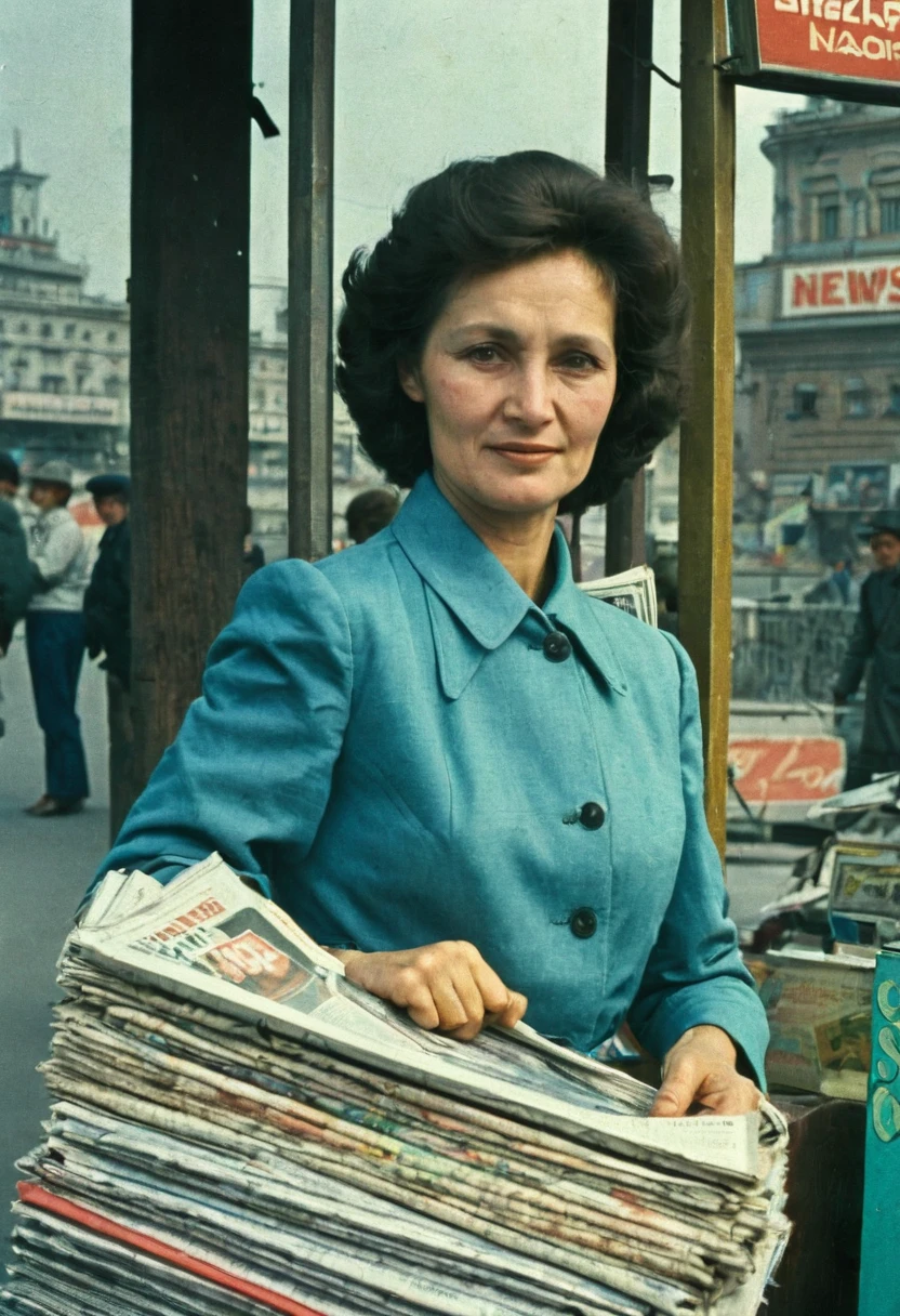 color photo. woman 40 years old. Selling newspapers at a newsstand in the USSR 1980.