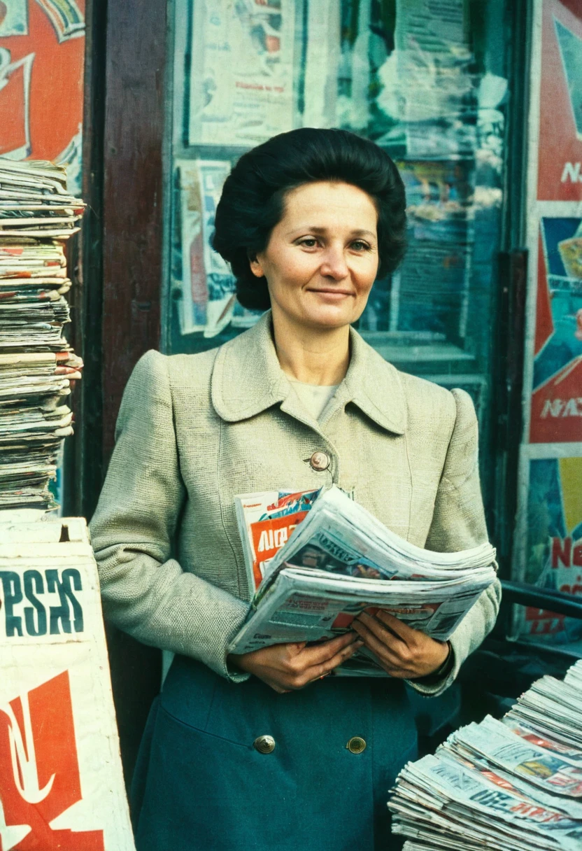 color photo. woman 40 years old. Selling newspapers at a newsstand in the USSR 1980.