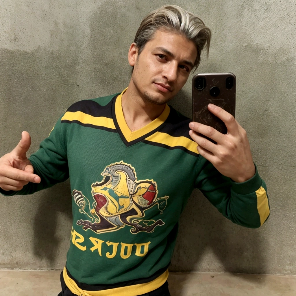 homem arafiado tirando uma selfie no espelho do banheiro, foto de perfil, traje completo, Foto do perfil 1024px, imagem de qualidade muito baixa, Foto do perfil, vestindo um pescador 🧥, album photo, # OC, #OC, Dylan Cole, then ouelleta, Gustave Doré, 2 0 2 2 foto, imagem em ultra realismo 