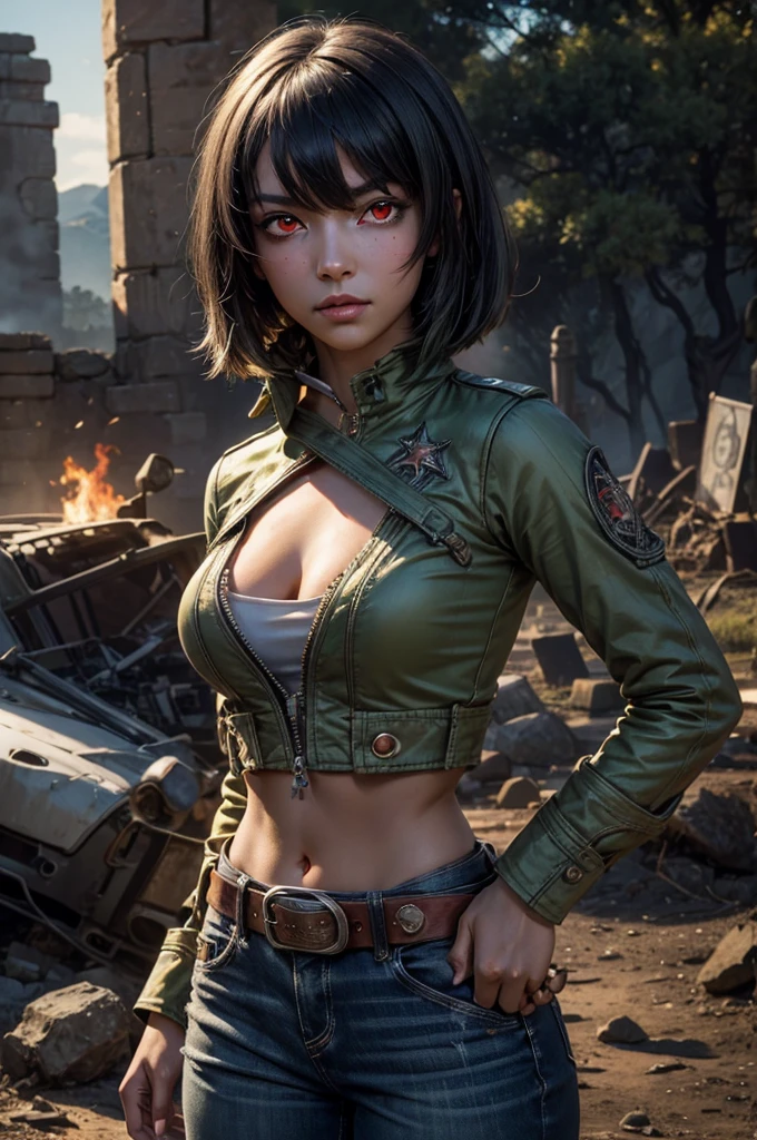 emeraldsustrai, emerald sustrai, short hair, (red eyes:1.5), green hair, dark skin, dark-skinned female, BREAK navel, cleavage, midriff, belt, cleavage cutout, chaps, hands on hips, BREAK near ancient temple ruins, pillars, on top of mountain, BREAK waterfall, bonfires, crowd in military dress, wrecked vehicles, (volumetric lighting),  intricate details, tonemapping, sharp focus, hyper detailed, (cowboy shot:1.5), BREAK (masterpiece:1.2), best quality, high resolution, unity 8k wallpaper, (illustration:0.8), (beautiful detailed eyes:1.6), extremely detailed face, perfect lighting, extremely detailed CG, (perfect hands, perfect anatomy),