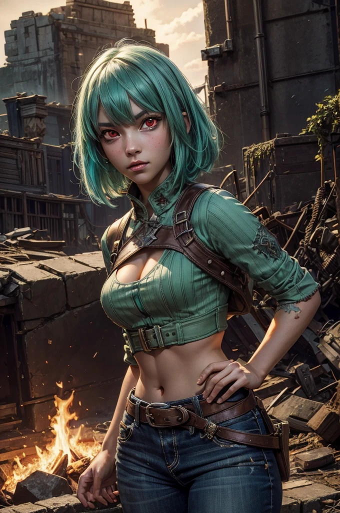 emeraldsustrai, emerald sustrai, short hair, (red eyes:1.5), green hair, dark skin, dark-skinned female, BREAK navel, cleavage, midriff, belt, cleavage cutout, chaps, hands on hips, BREAK near ancient temple ruins, pillars, on top of mountain, BREAK waterfall, bonfires, crowd in military dress, wrecked vehicles, (volumetric lighting),  intricate details, tonemapping, sharp focus, hyper detailed, (cowboy shot:1.5), BREAK (masterpiece:1.2), best quality, high resolution, unity 8k wallpaper, (illustration:0.8), (beautiful detailed eyes:1.6), extremely detailed face, perfect lighting, extremely detailed CG, (perfect hands, perfect anatomy),