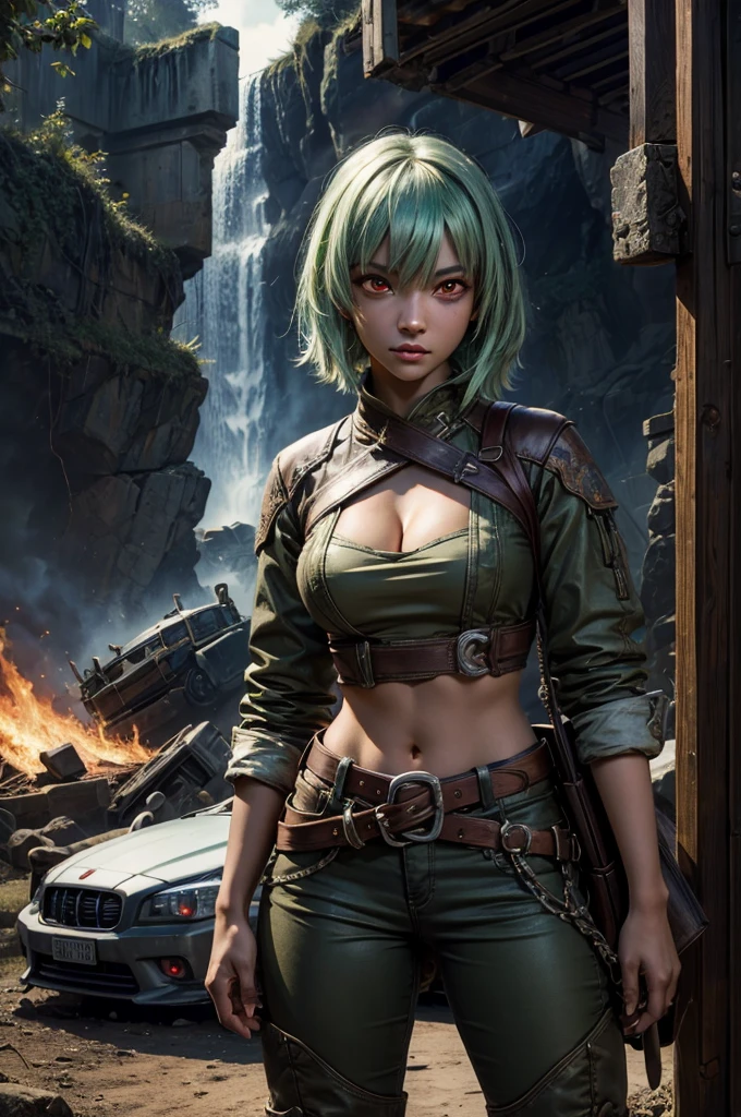 emeraldsustrai, emerald sustrai, short hair, (red eyes:1.5), green hair, dark skin, dark-skinned female, BREAK navel, cleavage, midriff, belt, cleavage cutout, chaps, hands on hips, BREAK near ancient temple ruins, pillars, on top of mountain, BREAK waterfall, bonfires, crowd in military dress, wrecked vehicles, (volumetric lighting),  intricate details, tonemapping, sharp focus, hyper detailed, (cowboy shot:1.5), BREAK (masterpiece:1.2), best quality, high resolution, unity 8k wallpaper, (illustration:0.8), (beautiful detailed eyes:1.6), extremely detailed face, perfect lighting, extremely detailed CG, (perfect hands, perfect anatomy),