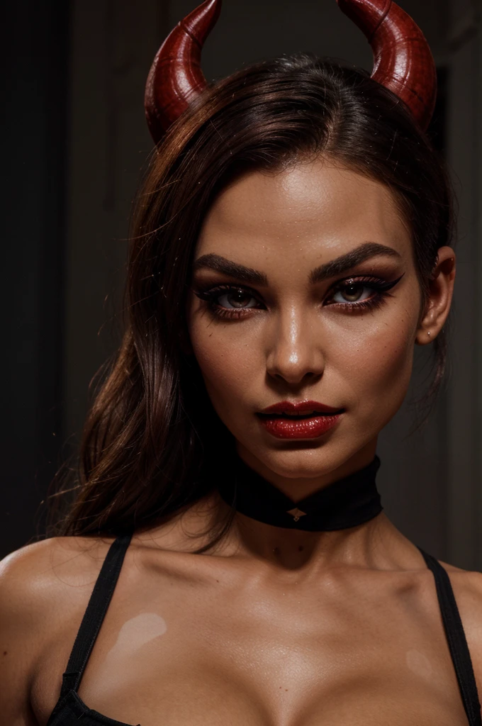 A close up of a of a (red skinned tiefling) woman's face, gorgeous face, amazing bone structure, defined cheekbones, slim, sharp nose, plump red lips, smokey eyes, dark thick eyebrows, dark eyeliner, dark eyeshadow, beautiful, long dark hair and (short curved bone horns coming from her forehead), (she has deep crimson red coloured skin), striking image, (best quality), ((masterpiece))