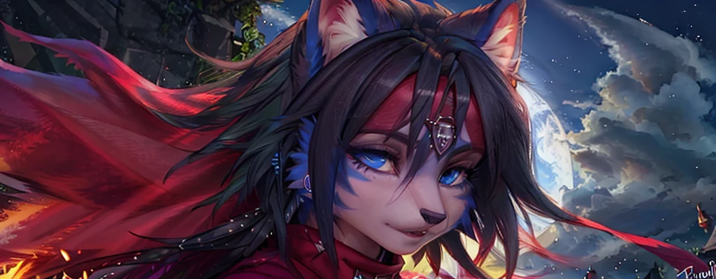 A beautiful and detailed (sweet portrait) von ((Krystal)), Sternenfuchs Krystal, Schlank, liebenswert, green eyes, medium breasts, (((Lange blaue Haare 1.3))), ((schwarze haarspitzen)), Dekollete, Grinsen, hoch schauen,, anthro, Pelzig, Hochgeladen E621, detailed flauschige fur, (von Fluff-Kevlar, Bayard Wu, Personalami, Pino Daeni), detailliertes Gesicht, (flauschige), 1 girl, Allein, Stammes-Kleidung, sweet girl, solo, liegend auf einer wiese