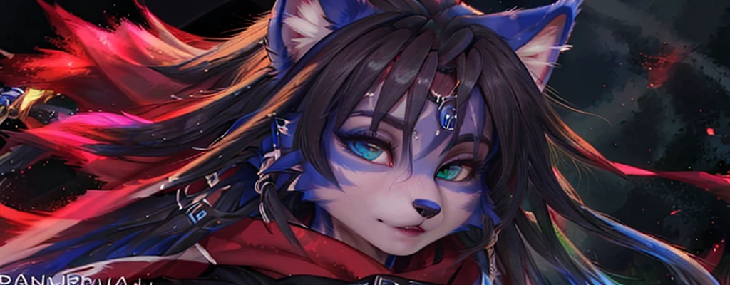 A beautiful and detailed (sweet portrait) von ((Krystal)), Sternenfuchs Krystal, Schlank, liebenswert, green eyes, medium breasts, (((Lange blaue Haare 1.3))), ((schwarze haarspitzen)), Dekollete, Grinsen, hoch schauen,, anthro, Pelzig, Hochgeladen E621, detailed flauschige fur, (von Fluff-Kevlar, Bayard Wu, Personalami, Pino Daeni), detailliertes Gesicht, (flauschige), 1 girl, Allein, Stammes-Kleidung, sweet girl, solo, liegend auf einer wiese