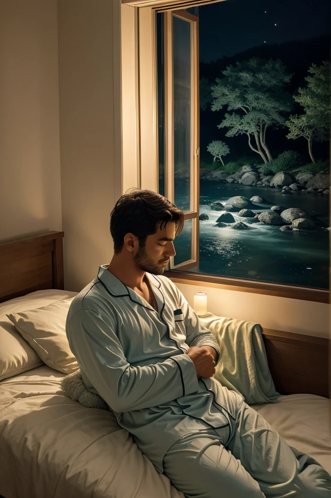Imagine a scene of serene tranquility: a man dressed in comfortable pajamas, nestled in his bed, surrounded by the soft glow of moonlight streaming in through an open window. Outside, a gentle river flows silently, its soothing sounds lulling him into a peaceful slumber. Describe the sense of calm and contentment that envelops him as he drifts off to sleep, feeling safe and at ease in the embrace of the night."
