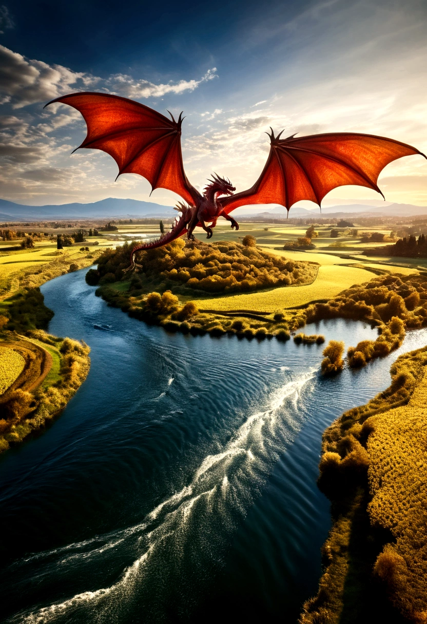 ((picture taken from the back of dragon: 1.5)), arafed, a picture of a dragon flying above a river, its shadow is cast on the water dragon wings spread wide, dynamic color dragon, you see the back of the dragon, its majestic wings, its tail and river it is flying above, , panoramic view (Masterpiece, intense details: 1.5) , Wide-Angle, Ultra-Wide Angle, dynamic light, Cinematic Hollywood Film style