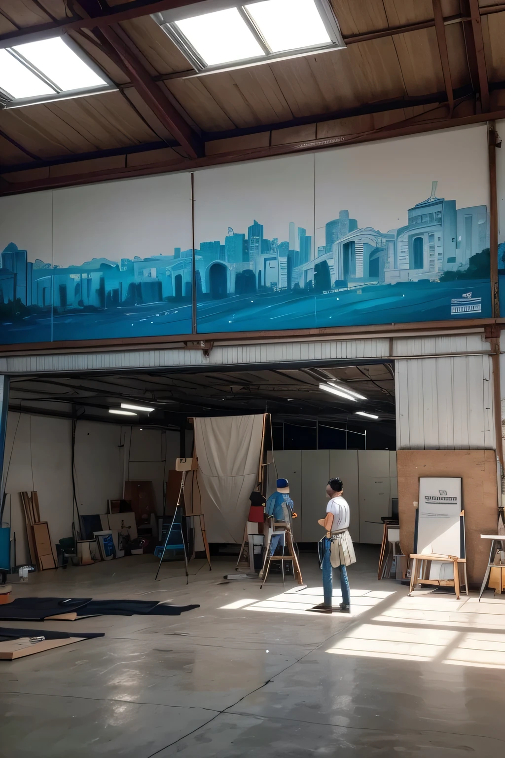 workshop pintura, studio environment, paredes brancas, quadros dependurados, people standing painting, industrial shed, mesa com materiais de pintura