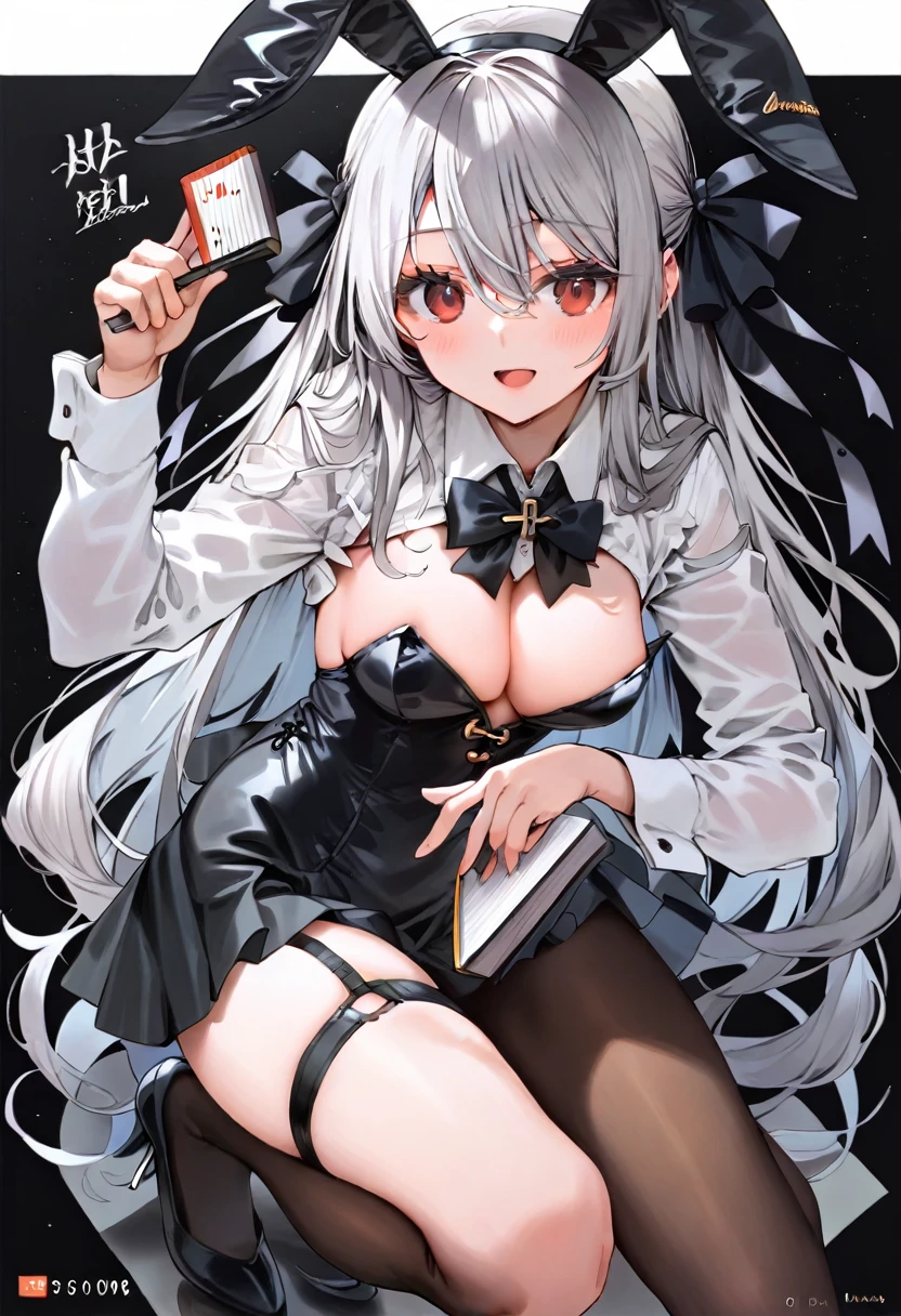 score_9,score_8_superior,score_7_superior,One girl,alone,bangs,blush,smile,View Viewer,:d,black bow,Black footwear,black skirt,bow,chest,Gray Hair,Character Name,collared shirt,Bunny Suit,Hair between the eyes,hair bow,hand 下,Holding a folding fan,Knee-high,Stiletto heels,Long Hair,big chest,Bunny Suit,Open your mouth,China dress,shirt,shoes,skirt,Are standing,Thigh straps,very Long Hair,white shirt,Red eyes