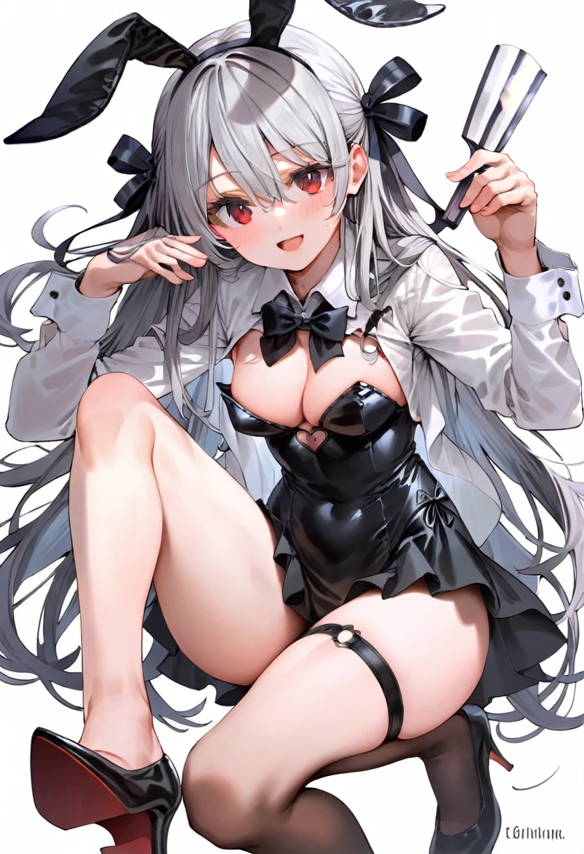 score_9,score_8_superior,score_7_superior,One girl,alone,bangs,blush,smile,View Viewer,:d,black bow,Black footwear,black skirt,bow,chest,Gray Hair,Character Name,collared shirt,Bunny Suit,Hair between the eyes,hair bow,hand 下,Holding a folding fan,Knee-high,Stiletto heels,Long Hair,big chest,Bunny Suit,Open your mouth,China dress,shirt,shoes,skirt,Are standing,Thigh straps,very Long Hair,white shirt,Red eyes