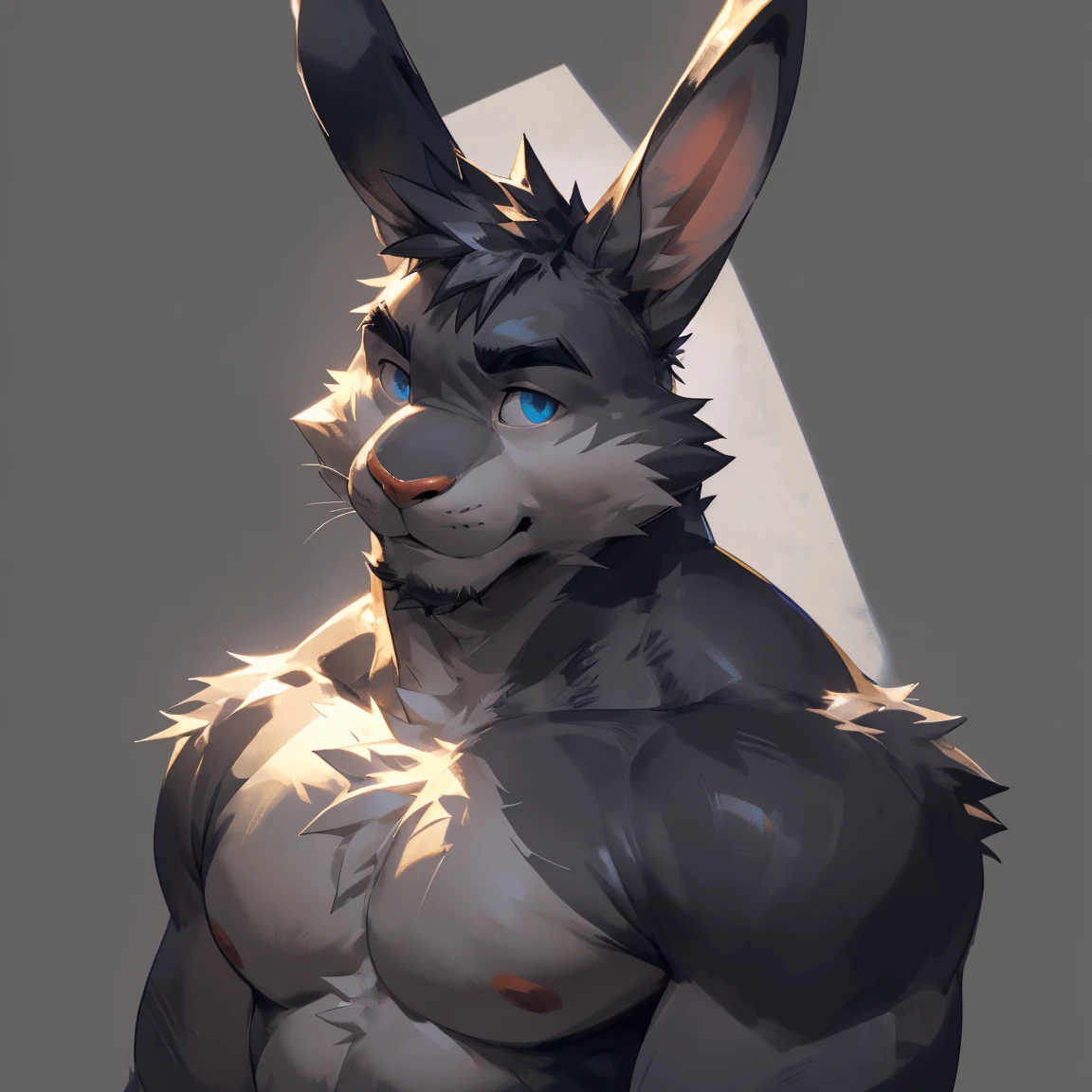 Solo, male, medium muscular, rabbit, light gray, light gray rabbit, rabbit ears, perfect nose, beautiful eyes, shirtless, in black underwear, underwear, ((focus body, furry focus, shades focus, body shades)) (((gray background, gray wallpaper, one color))), by darkgem, by mystikfox61, by glitter trap boy