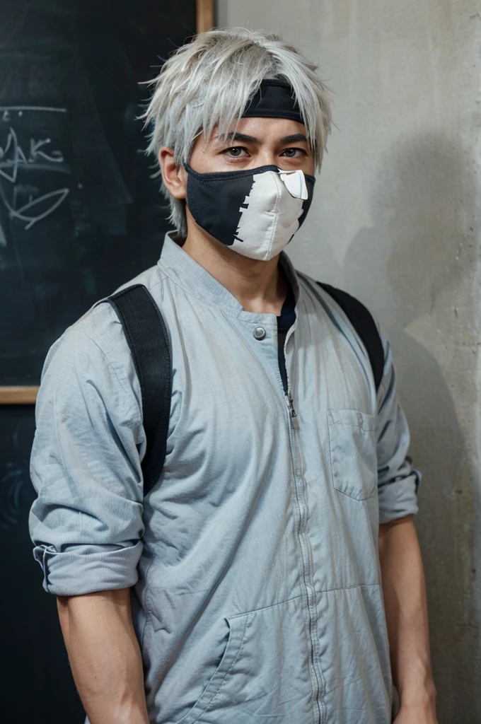 Kakashi Hatake without a mask, looking at the camera, both arms in his pockets, white chalkboard background 