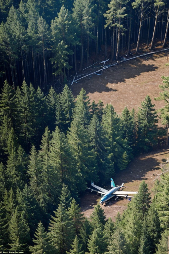 A plane has crashed in a thick forest. His body was carefully split in two and the remains were scattered among the trees