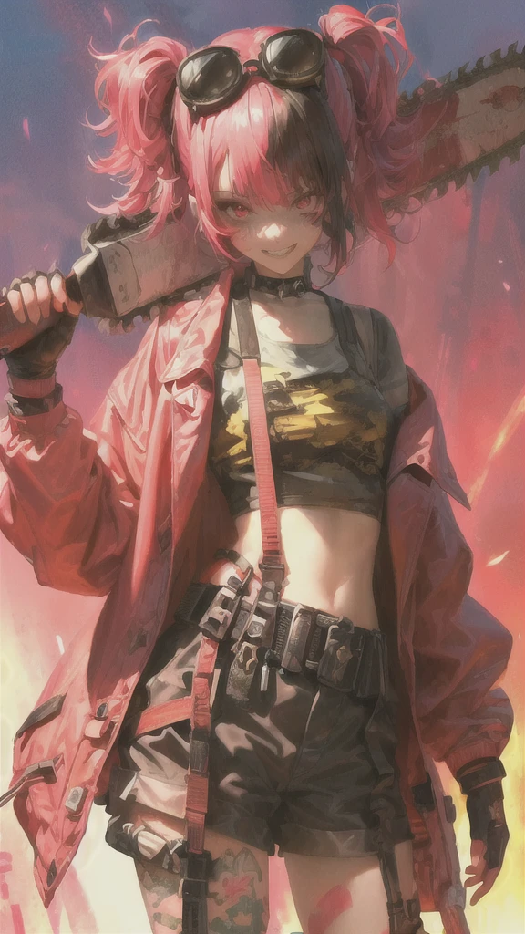 ltra-detailed, Girl, beautiful eyes, red eyes, , cute figure, cute face, grin, executioner, cyberpunk style goggles on head, sharp eyes, wild and daring, hair color is pink gradient with black accent on left side only, hair in bun , bob-cut bangs, dressed as a dystopian punk, large military design jacket, black shorts, thigh-high knee socks, boots, leather gloves with fingers cut off, chainsaw with pretty decorations on hand, pink cloth-clad hell's death squad in background Strong men, composition like a scene from a movie, 16K. a scene from a movie, 16K, top quality, masterpiece