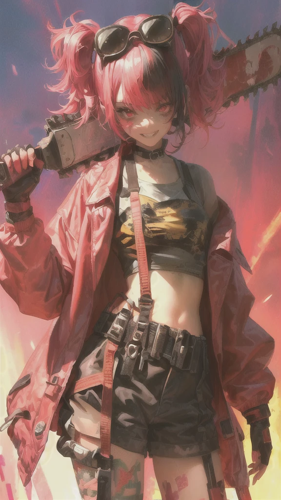 ltra-detailed, Girl, beautiful eyes, red eyes, , cute figure, cute face, grin, executioner, cyberpunk style goggles on head, sharp eyes, wild and daring, hair color is pink gradient with black accent on left side only, hair in bun , bob-cut bangs, dressed as a dystopian punk, large military design jacket, black shorts, thigh-high knee socks, boots, leather gloves with fingers cut off, chainsaw with pretty decorations on hand, pink cloth-clad hell's death squad in background Strong men, composition like a scene from a movie, 16K. a scene from a movie, 16K, top quality, masterpiece