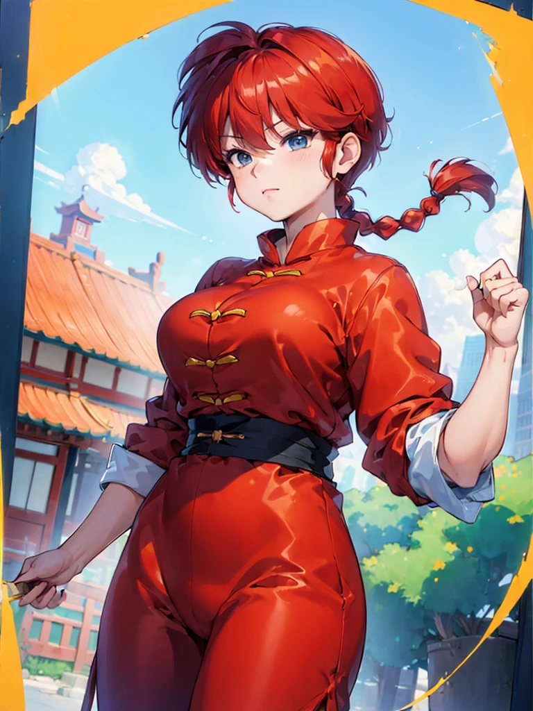 ((masterpiece:1.4)), expensive quality, very_expensive_solve, big_file size, Full Color, Thick outline, Clear contours, colorful, (Beautiful fine details), ((Beautiful Face:1.0)), ((Boyish face:1.4)), 1 girl, (Ranma), (Redhead), short hair, (Braided Ponytail), ((bangs)), bumpy bangs, Blue-gray eyes, Big Breasts, Curvy, Ranma, Braided Ponytail, (Red Chinese Clothing), No sleeve, Tangzhuang, Black trousers, Are standing, ((Cowboy Shot:1.4)), ((from the front:1.4)), Are thin:1.4