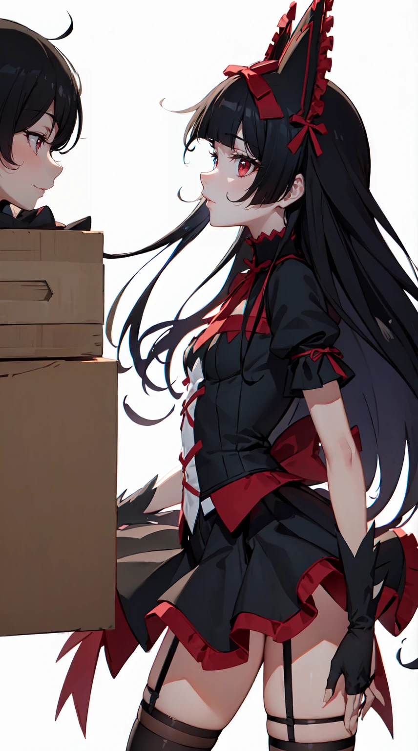 Rory Mercury, Rory Mercury, Black Hair, Blunt bangs, Hime cut, hair ornaments, Red lipstick, Long Hair, Cute Face, compensate, (Small box:1.2), (Red eyes:1.5), break Gothic underwear, Perfect body (Small breasts:1.3), break in full growth, Red Shoes, break Black Stockings, Black Gloves break, Black thighs, Garter Straps, gloves, Gothic, Hair Ribbon, Gothicファッション, puffy Short sleeve, Puffy sleeves, Short sleeve, tights, tights, looks at the viewer, break (masterpiece:1.2), highest quality, High resolution, unity 8k wallpaper, (Illustration:0.8), (Beautiful details in the eyes:1.6), Highly detailed face, Perfect lighting, Highly detailed CGI, (Perfect Arms, Perfect Anatomy), (white background:1.5), I have nothing in my hands