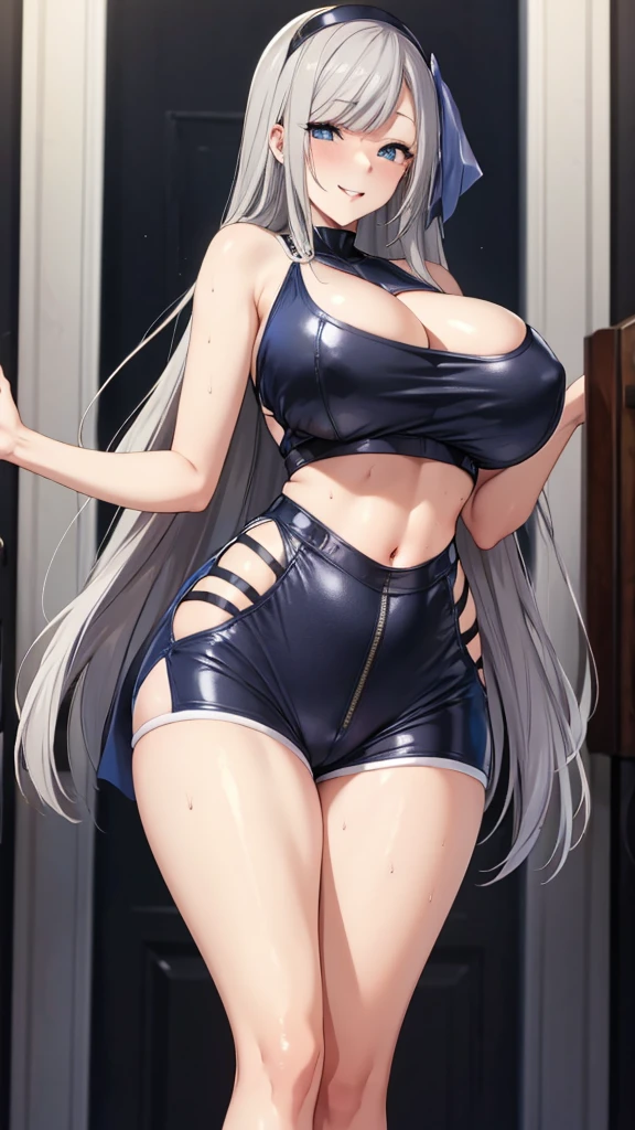 Erotic, tall, sexy, white gym clothes, navy blue top, navy blue bloomers, big breasts, married woman, black background, dark theme, evil, seductive, excited, seductive, sexy pose, chuckling