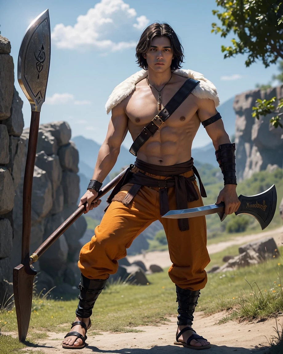 Youth with short black hair and brown eyes, fair skin and clean-shaven, dressed in short orange medieval barbarian fur tunic and trousers, weilding giant axe, sandals; fullbody; short hair, masculine, athletic
