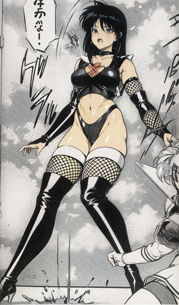 Female Combatant、Japanese girl、Close-up of a girl in a black leotard、Black glossy leotard、Black fishnet stockings、Black shiny boots、Saiyan Girl, wonderful, Nano Girl, Female body type, Inspired by Hiromu Arakawa, Anime Manga Robot!! Anime Girls, Fubuki, Full Body Suit, by Hiromu Arakawa、wonderful, silk, Beautiful and attractive anime , Anime Girls of the future, tears,Drooling,Pee,Sweat,Tongue out,incontinence,Peeing、Estrus、Eyes wide open,Estrus,Blushing,Nipples are erect,Face is hot、Lust、incontinence、Armpit Hair、pubic hair、Nipples are erect、My crotch is wet、Knife in the chest、Blood in chest、Doomsday Demon、Pleading for your life
