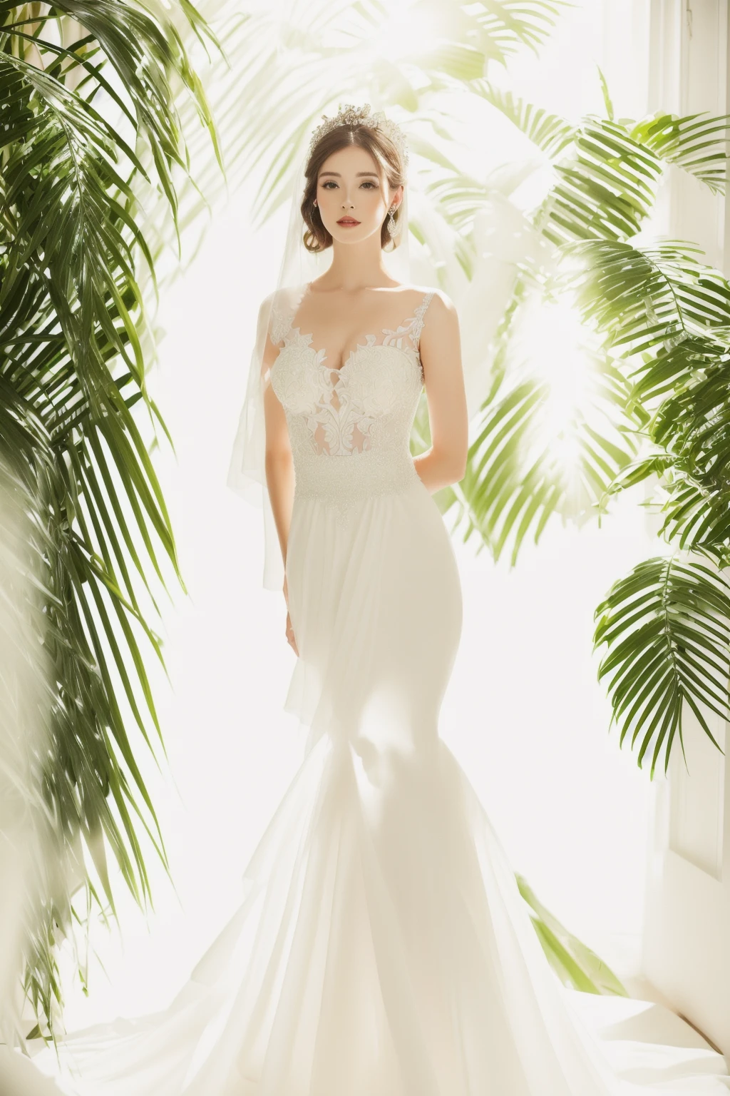 a woman in a ball gown wedding dress standing in a room with palm trees,  full body, beautiful and elegant, in wedding dresses, dressed in a beautiful, belle, sexy gown, in elegant decollete