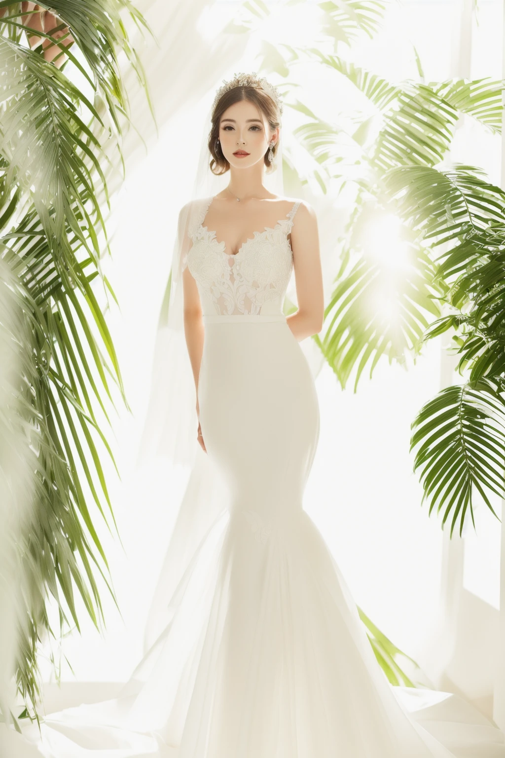 a woman in a ball gown wedding dress standing in a room with palm trees,  full body, beautiful and elegant, in wedding dresses, dressed in a beautiful, belle, sexy gown, in elegant decollete