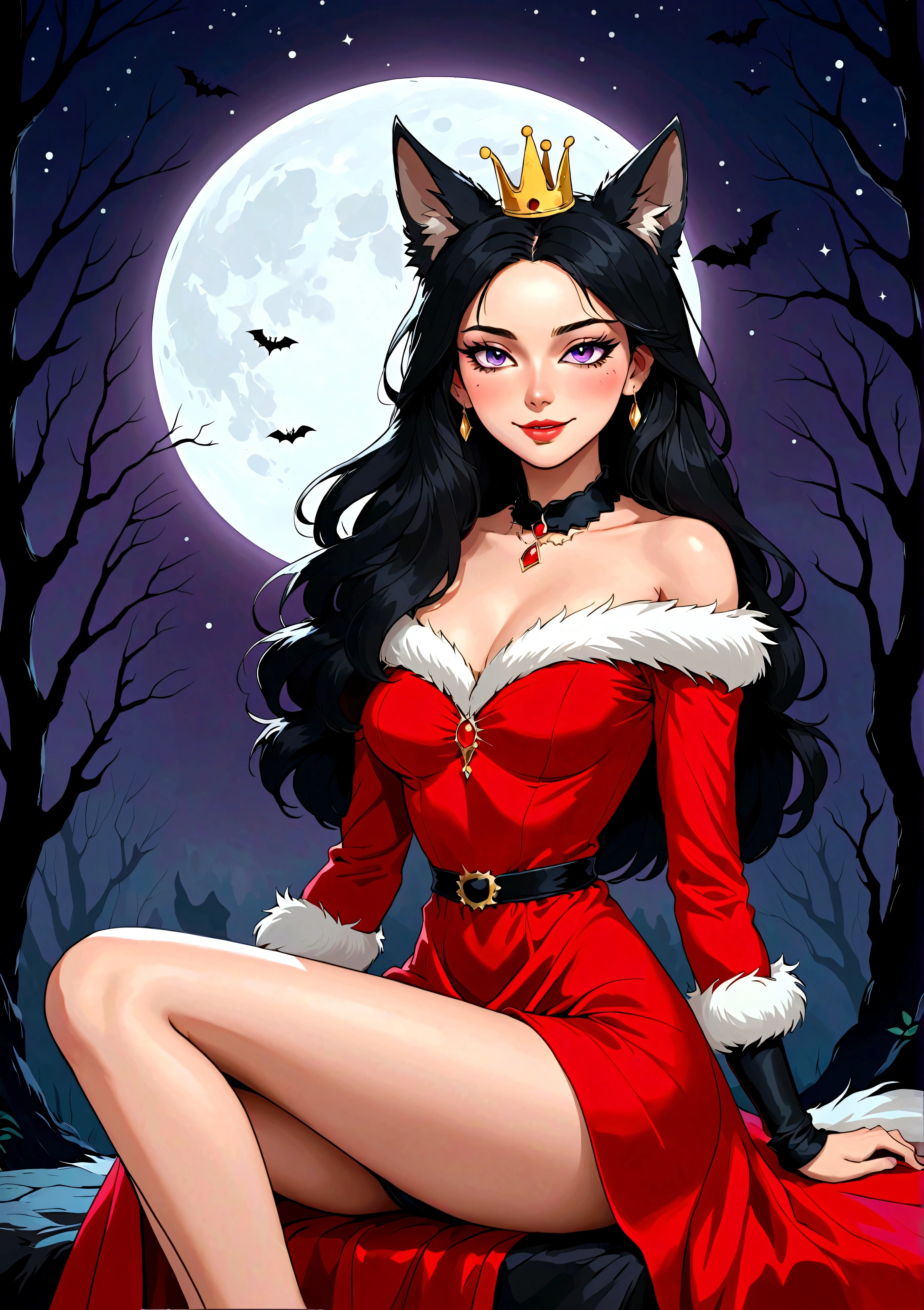 Vector，flat，Simple and smooth lines，A beautiful illustration：Big Bad Wolf:1.37.Beautiful girl sitting elegantly，(((She has a beauty spot:1.37)))，Purple Eyes，Delicate lashes，Smile，Smooth skin，Long black hair，Wolf ears， Small Crown，Red dress with fur collar，Long legs。温顺的Big Bad Wolf。Correct human anatomy，moonlight，bat