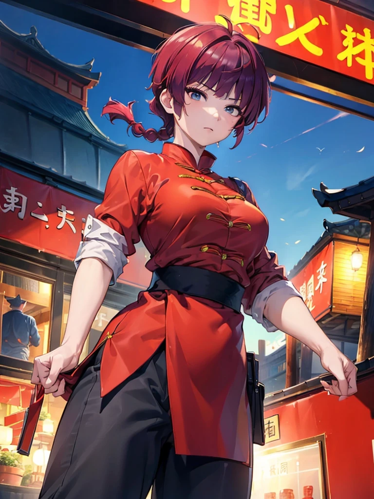 ((masterpiece:1.4)), expensive quality, very_expensive_solve, big_file size, Full Color, Thick outline, Clear contours, colorful, (Beautiful fine details), ((Beautiful Face:1.0)), ((Boyish face:1.4)), 1 girl, (Ranma), (Redhead), short hair, (Braided Ponytail), ((bangs)), bumpy bangs, Blue-gray eyes, Big Breasts, Curvy, Ranma, Braided Ponytail, (Red Chinese Clothing), No sleeve, Tangzhuang, Black trousers, Are standing, ((Cowboy Shot:1.4)), ((from the front:1.4)), Are thin:1.4
