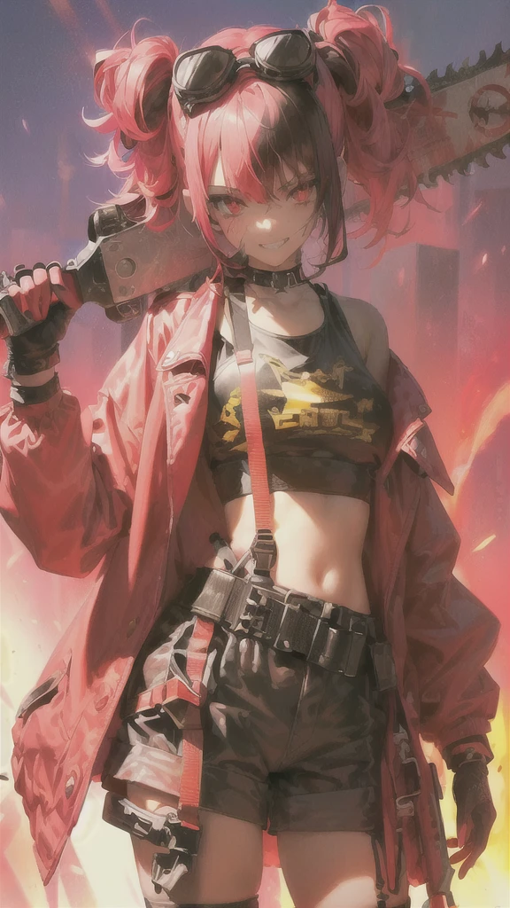 ltra-detailed, Girl, beautiful eyes, red eyes, , cute figure, cute face, grin, executioner, cyberpunk style goggles on head, sharp eyes, wild and daring, hair color is pink gradient with black accent on left side only, hair in bun , bob-cut bangs, dressed as a dystopian punk, large military design jacket, black shorts, thigh-high knee socks, boots, leather gloves with fingers cut off, chainsaw with pretty decorations on hand, pink cloth-clad hell's death squad in background Strong men, composition like a scene from a movie, 16K. a scene from a movie, 16K, top quality, masterpiece