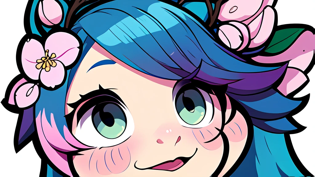 sticker illustration, a woman with vibrant blue hair, dark green eyes, white background.
