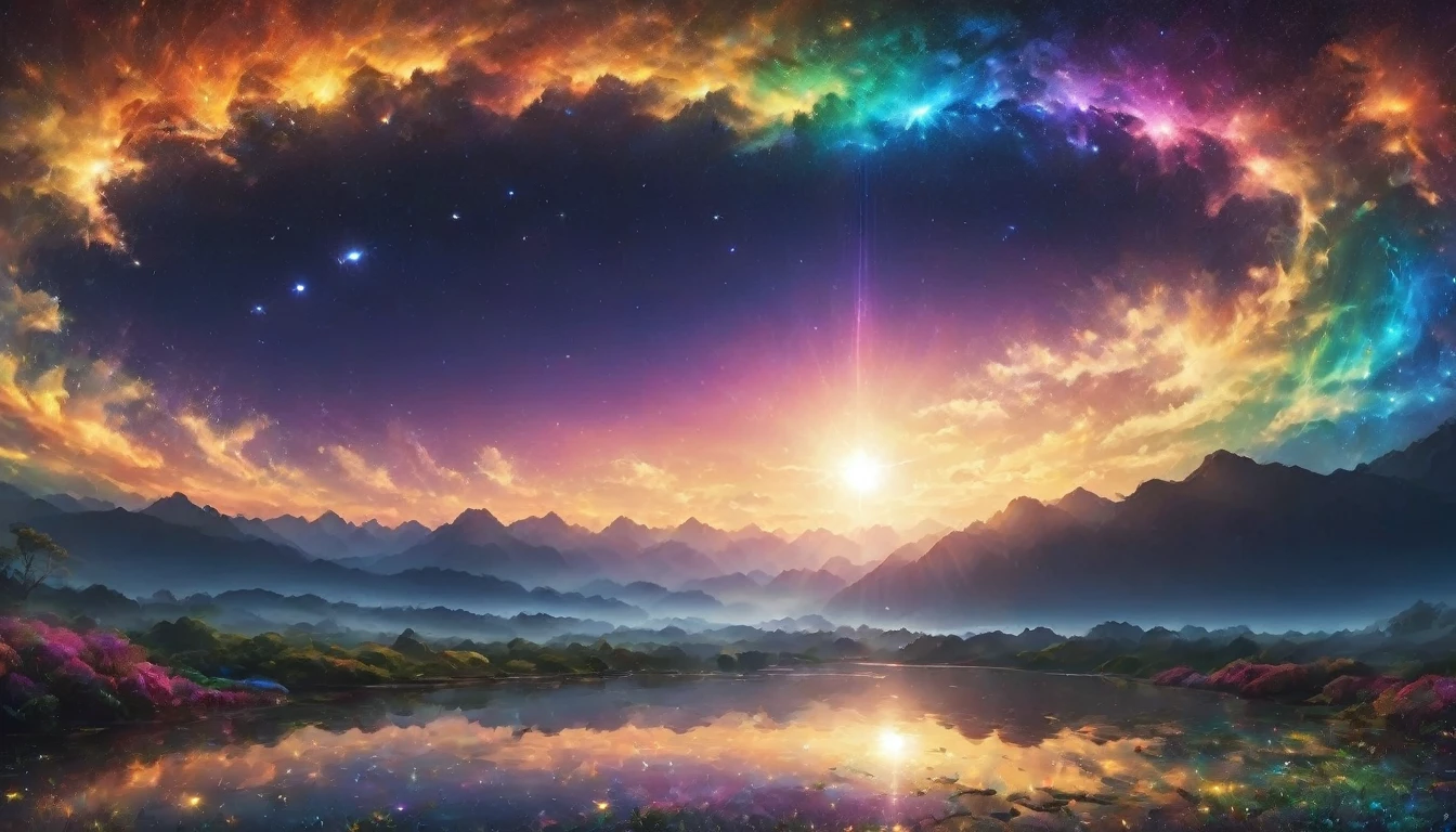 wide landscape photography, (View from below, The sky is above, And the open field is below), wallpaper, (meteor: 0.9), Distant Mountain々 , wood々Destroying art, (Warm Light: 1.2), (Firefly: 1.2), Light, Lots of purple and orange, Intricate details, Volumetric Lighting Break (masterpiece: 1.2), (highest quality), 4K, Very detailed, (moving composition: 1.4), Rich color and detail, (Rainbow-colored: 1.2), (Shine, Atmospheric lighting), dream-like, magic, (alone: 1.2),Chill,Electro,Chillout, god々Shii,There is a shrine and a fence in front、Rainbow-coloredの花々is in full bloom、