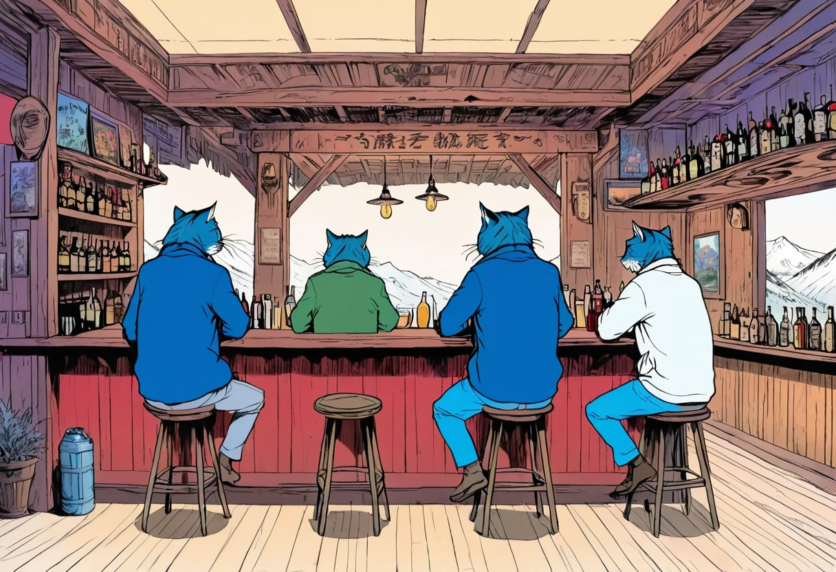 A bar in the mountains owned by a monster wildcat、Back view of three wildcat gentlemen sitting at a counter、