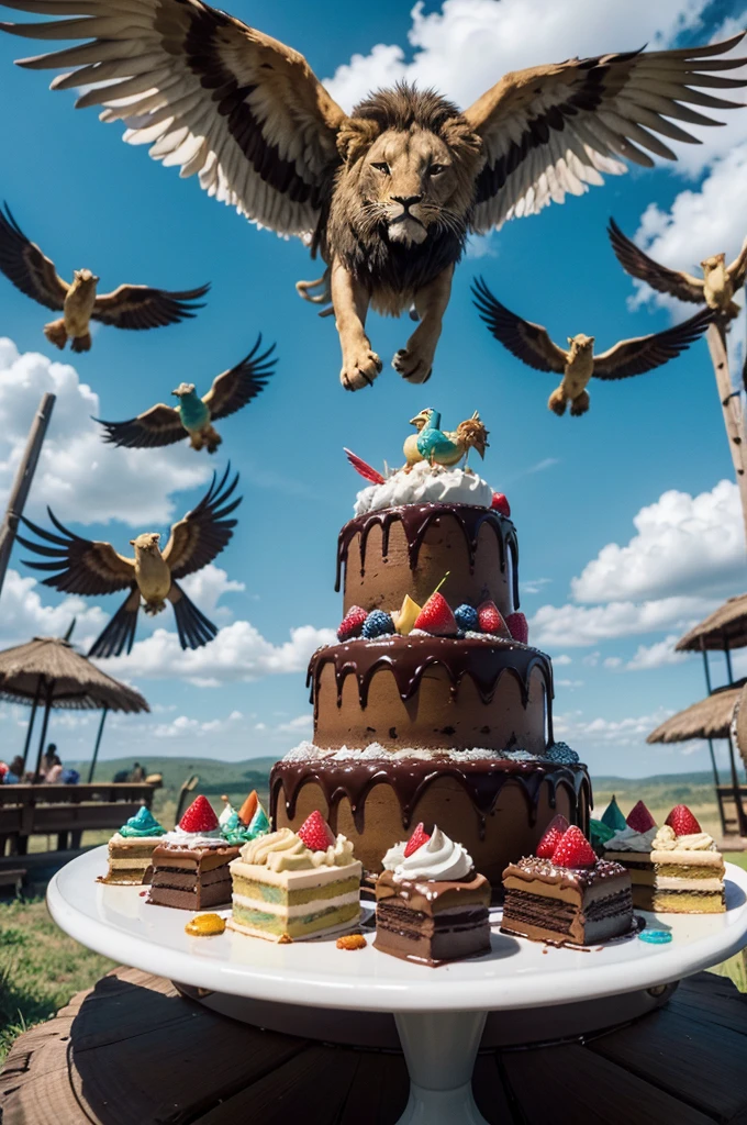 "The scene depicts a group of colorful birds gracefully flying above a lion cub, who timidly roared, looking somewhat offended. Meanwhile, surrounding them, there's an array of delicious desserts such as chocolate cakes topped with shiny frosting, fresh fruit pies, and colorful ice creams, creating a contrast between the wild nature and the sweetness of the treats."