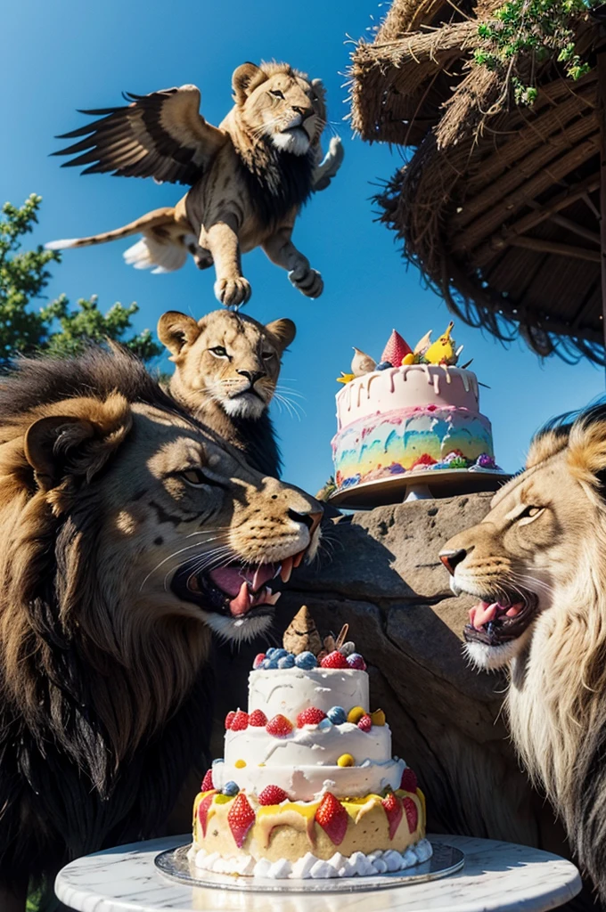 "The scene depicts a group of colorful birds gracefully flying above a lion cub, who timidly roared, looking somewhat offended. Meanwhile, surrounding them, there's an array of delicious desserts such as chocolate cakes topped with shiny frosting, fresh fruit pies, and colorful ice creams, creating a contrast between the wild nature and the sweetness of the treats."