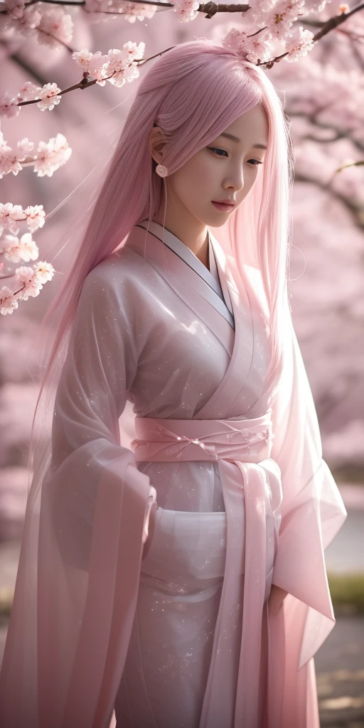 surreal, Very detailed, And a 16k resolution young, Beautiful female ghost or guardian spirit. She has light pink hair and translucent skin., Wearing traditional Japanese kimono,Small cherry blossom pattern on the belt. This image captures the ethereal beauty and mystery of the world. Style inspired by sophistication, The gentle beauty of traditional Japanese art.