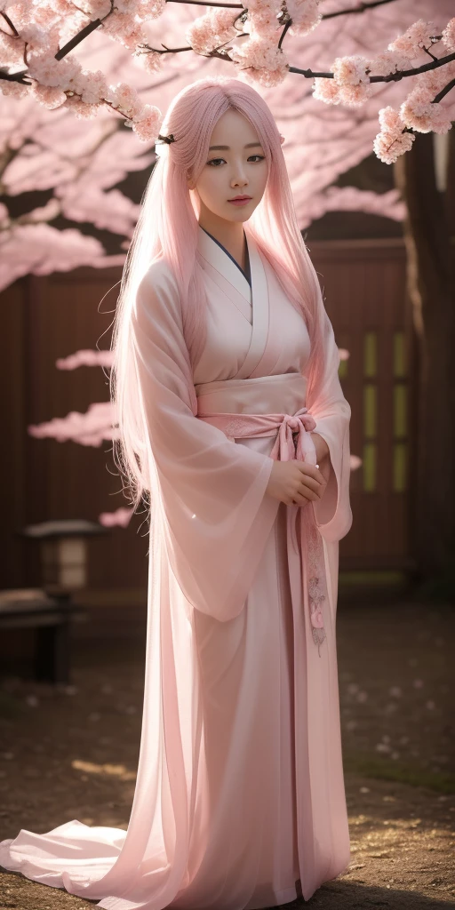 surreal, Very detailed, And a 16k resolution young, Beautiful female ghost or guardian spirit. She has light pink hair and translucent skin., Wearing traditional Japanese kimono，Small cherry blossom pattern on the belt. This image captures the ethereal beauty and mystery of the world. Style inspired by sophistication, The gentle beauty of traditional Japanese art.