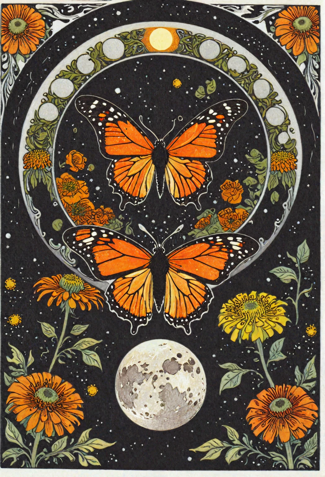 symmetric, balanced, monarch butterfly at the center of the moon surrounded by a frame of zinnia flowers, dark amber and gray colors, ephemeral patterns, witchcore aesthetics, cloisonnism, eleanor vere boyle, Ivan Bilibin Style page, lks73zb1, Inkdrawing, by Kr355e