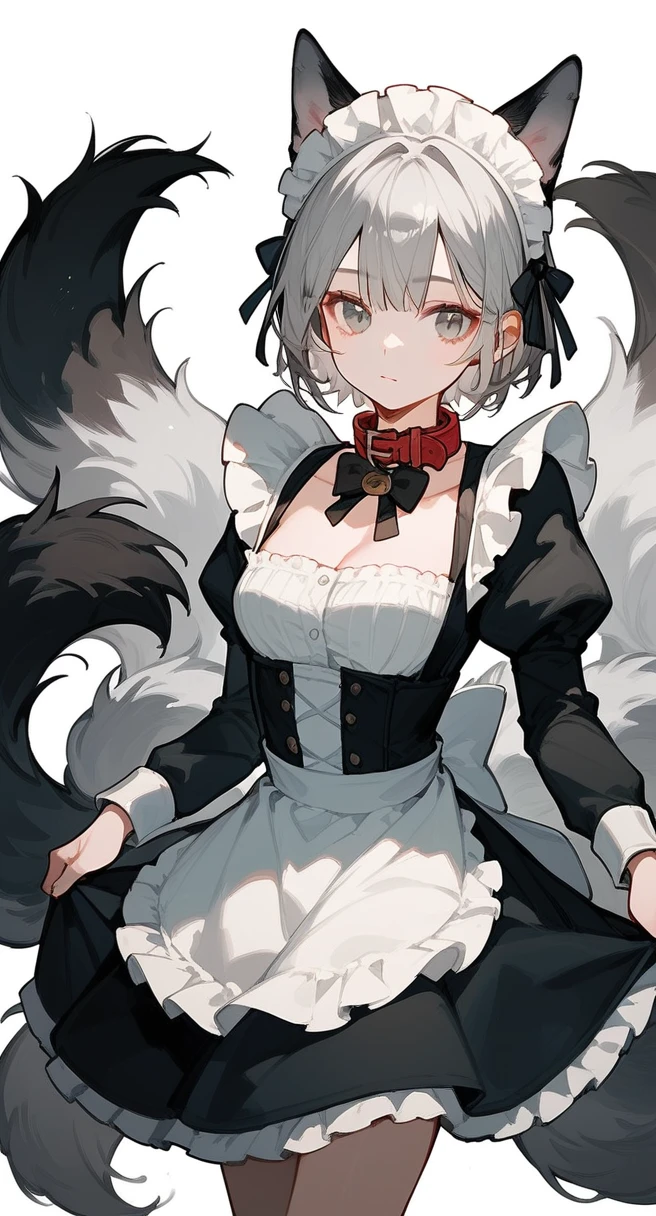 Gray hair，Collar，Maid，Dog ears，Double tail，