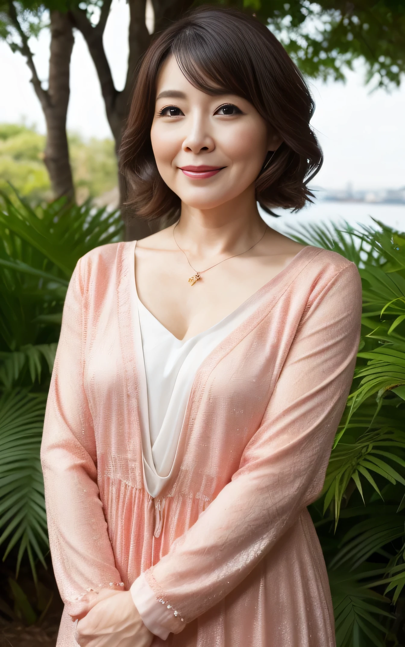 highest quality, masterpiece, High resolution, Realistic, RAW Photos, 8k wallpaper, perfection, ((One beautiful woman)), 50 years old, Sexy Woman, ((A modest long-sleeved dress)), Cleavage, ((Looking into the camera)), Detailed face, Beautiful Eyes, (Stand upright), garden, whole body, (Beautiful thighs), bangs, Shapely breasts, Straight hair, short hair, Plump and glossy lips, (light makeup)、Wrinkles around the eyes
