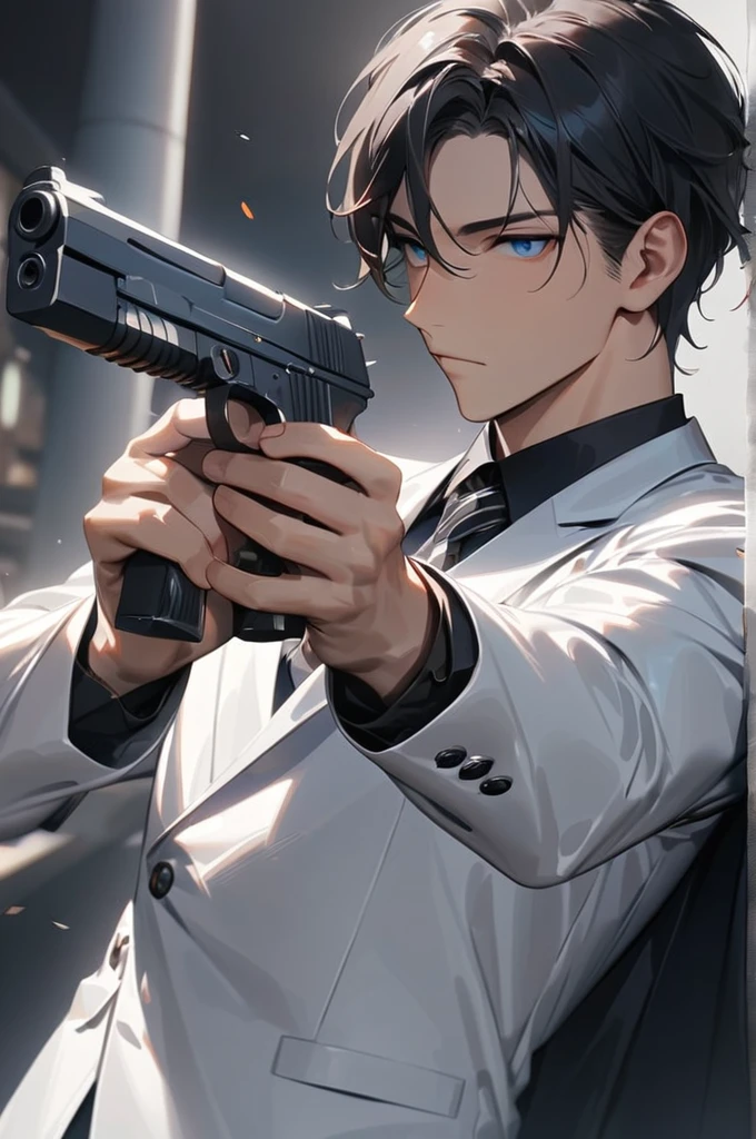 ((Best quality)), ((masterpiece)), (detailed), a guy with black hair and blue eyes in a white suit with a gun in his hands