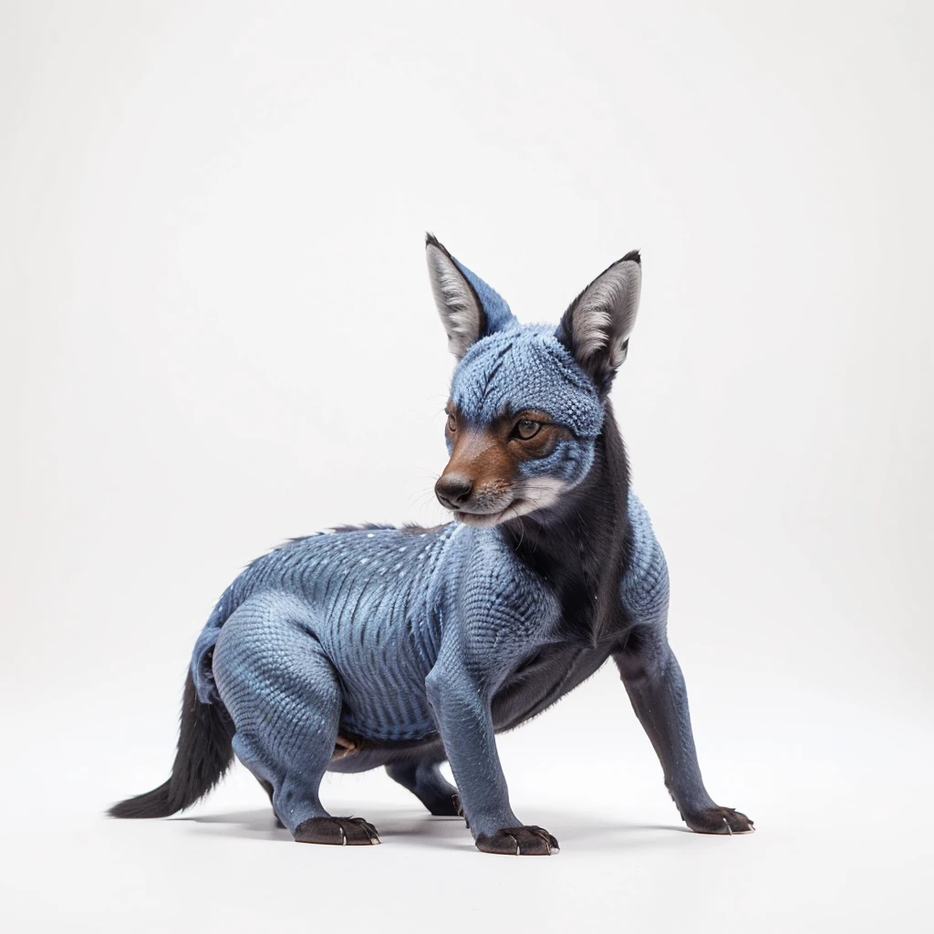 Small Animaly, black and blues colour skins, has scales, his body is shaped like a Fox but his face is like a Moose, silver colour skins, Grassroots background, (white background simpleks)