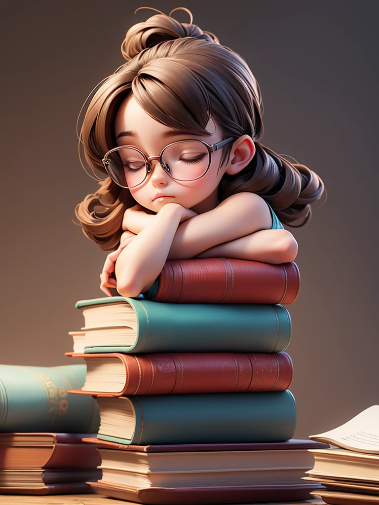 Cute young girl, wearing glasses, shoulder-length hair tied in a knot, sleeping on a pile of books.