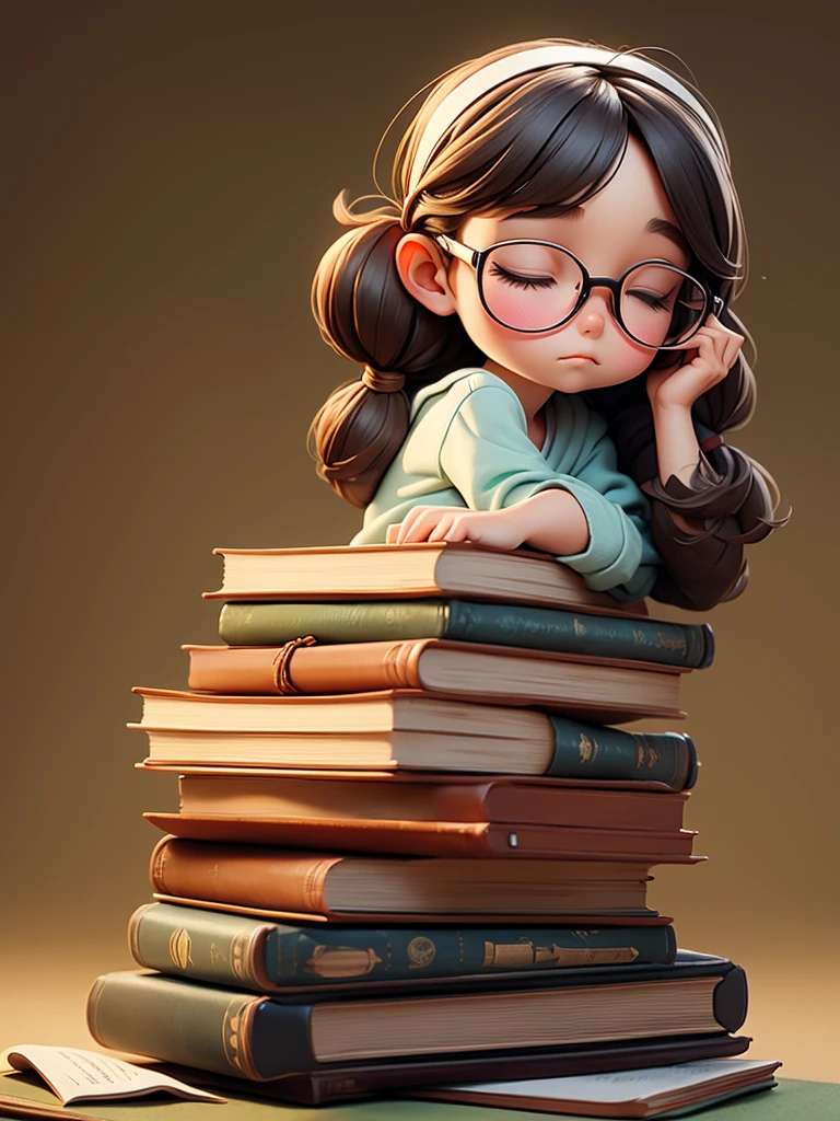 Cute young girl, wearing glasses, shoulder-length hair tied in a knot, sleeping on a pile of books.