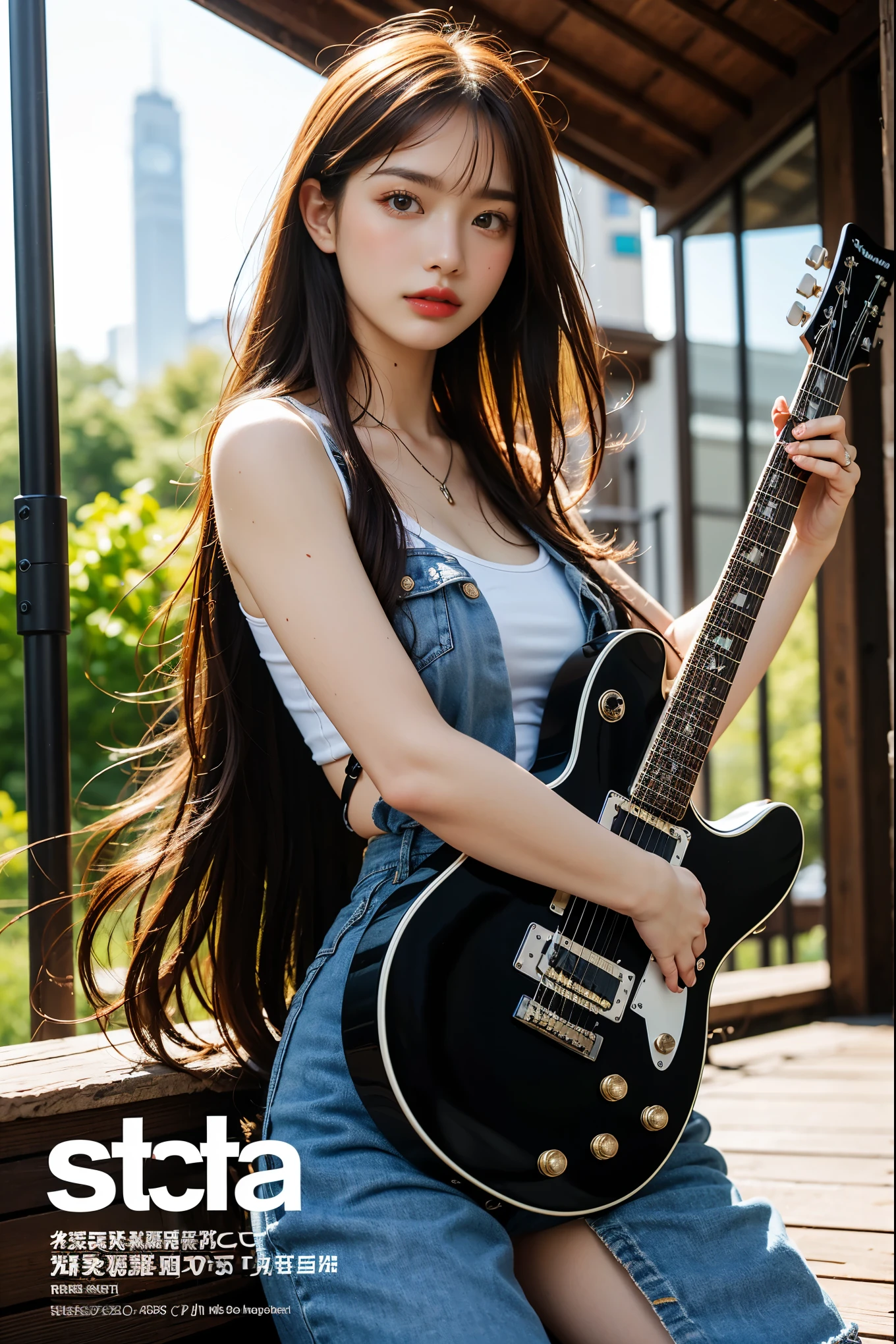 Super detailed, high quality, high resolution, HDR, real photo. Redhead medium hair woman, bending over, (holding electric guitar with both hands), hunched over and looking down, (ultra wide angle), (low angle), zoom out, from afar) (lots of long cords on the ground), backlit, looking up from the ground, half silhouette, (lots of guitar cords on half the screen), zoom in on long guitar cords, details. A realistic music video poster.