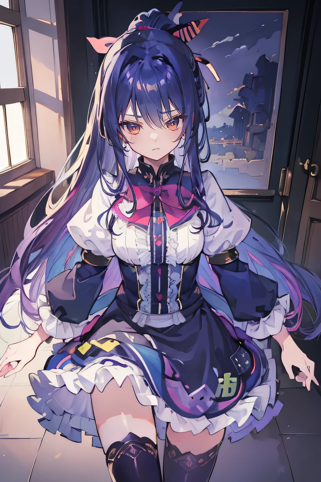 (best quality:1.3), (masterpiece:1.3), (illustration:1.3), (ultra-detailed:1.3), (imid shot:0.9), 1girl, medium breasts, purple eyes, (((dark blue hair))), hair ornaments, young, outfit-gladiia, long hair, dark blue hair, indoors, black shorts, thigh-highs, low ponytail, expressionless, upper body, close up, coat, skirt,