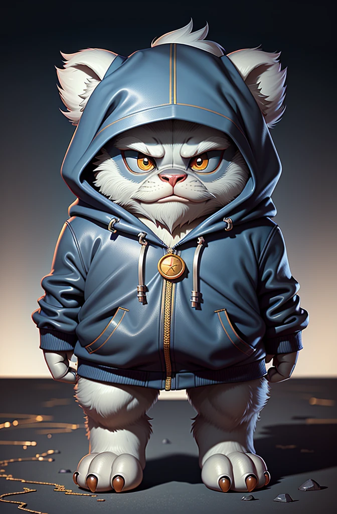 Bipedal creature resembling a silver monkey, dark blue cape and hood, Gold trim, protruding legs, Floating like magic, masutepiece, Top Quality