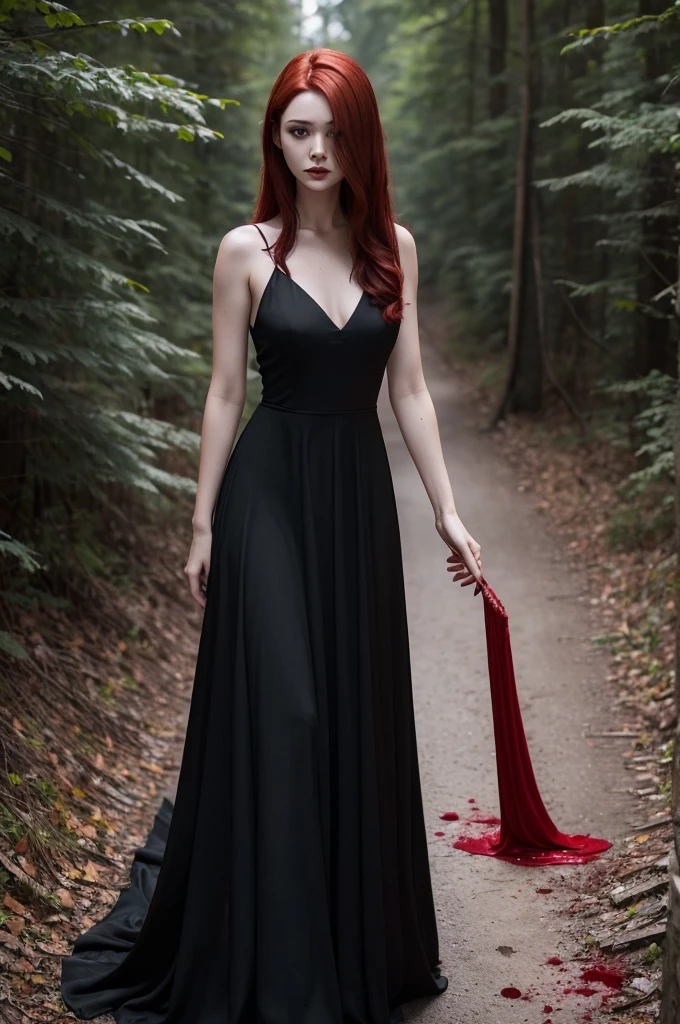 Woman with dark red hair wearing long black dress with a severed head in her bleeding hand