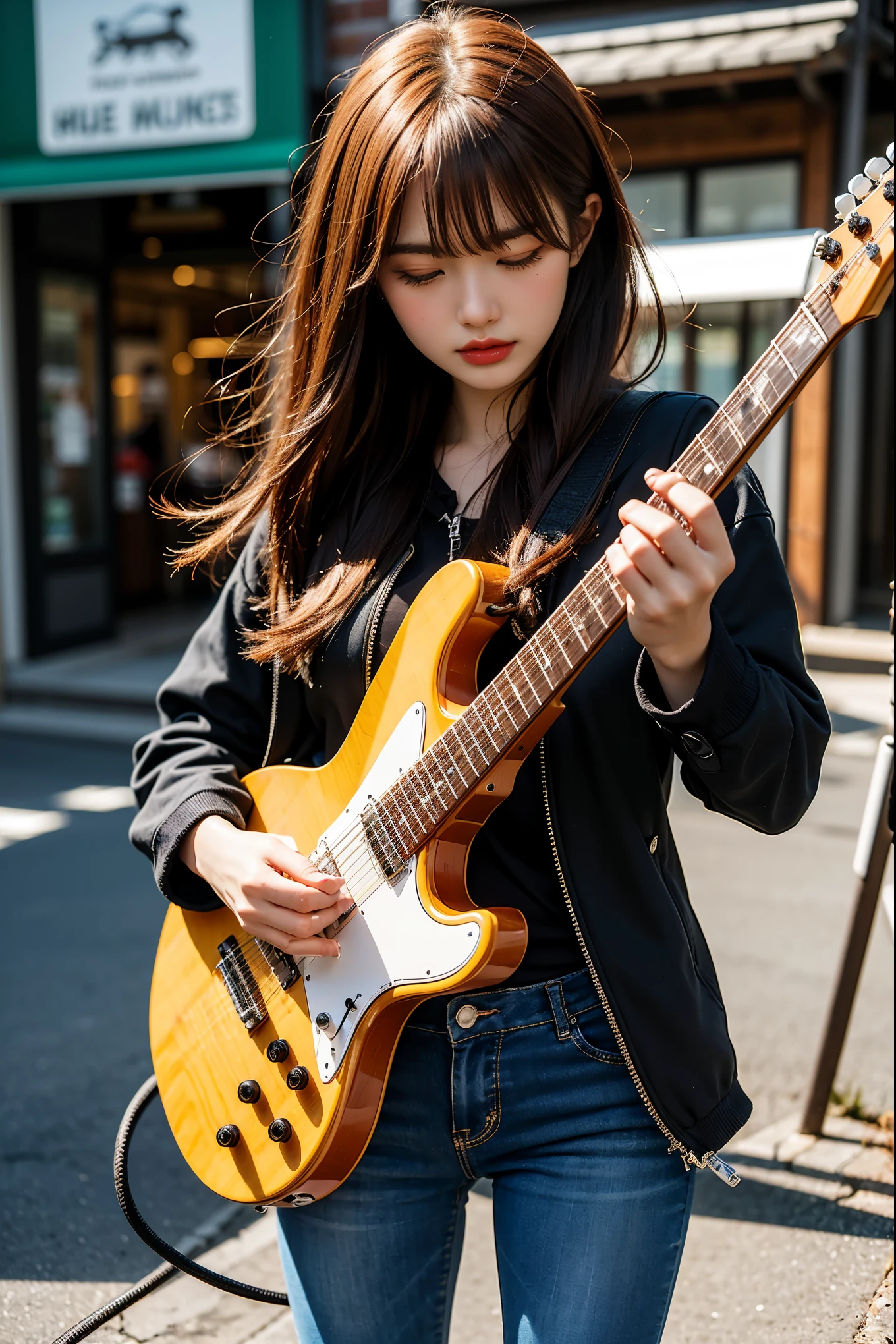 Super detailed, high quality, high resolution, HDR, real photo. Redhead medium hair woman, bending over, (holding electric guitar with both hands), hunched over and looking down, (ultra wide angle), (low angle), zoom out, from afar) (lots of long cords on the ground), backlit, looking up from the ground, half silhouette, (lots of guitar cords on half the screen), zoom in on long guitar cords, details. A realistic music video poster.