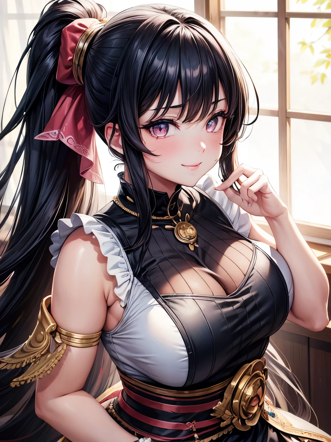 a 20 age chubby girl, your face has strong pink makeup, wearing a pleassed skirt,  sleeveless top,  darkgolden eyes, beautiful detailed eyes, sensual pose, suggestive pose, evil smile, very long hair, black hair, long black ponytail hair, light and transparent veil filling with charm and seduction, stunning beautiful artwork, maximalist, by artgerm, 8k anime artwork, 8k photo, trending on artstation. looking at the viewer, masterpiece, best quality